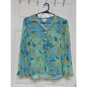CDW Medium Sheer Button-Down Shirt Blue & Green C Blusa Medium Sz